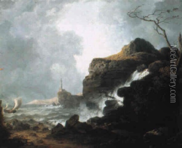 Coastal Landscape With Ship Approaching The Shore Oil Painting - George Arnald