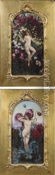 Nymphes Parmi Les Roses Et Les Pavots (pair) Oil Painting - Rudolf Ernst
