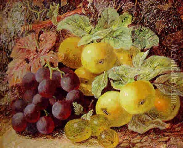 Grapes, Gooseberries And Apples On A Mossy Bank Oil Painting - Oliver Clare