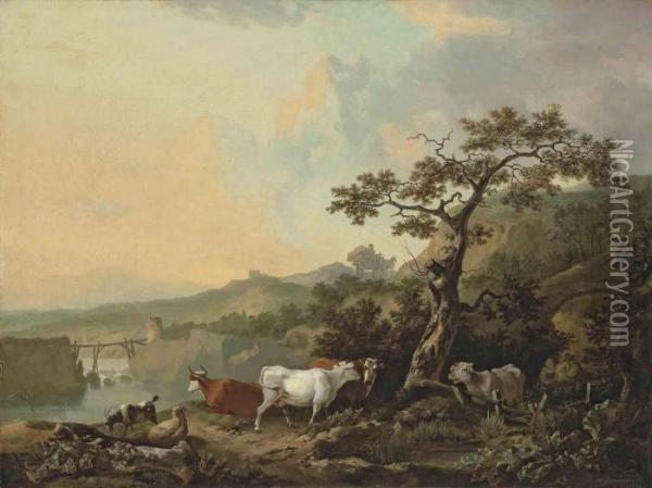 A River Landscape With Livestock, A Wagon On A Track Beyond Oil Painting - Philip Reinagle