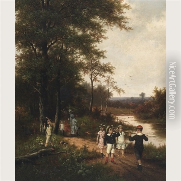 Children Playing Along A Riverside Path At Recess (collab. W/hendrik Pieter Koekoek) Oil Painting - Albert Roosenboom