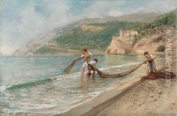 Pescatori Sulla Spiaggia Oil Painting - Alceste Campriani