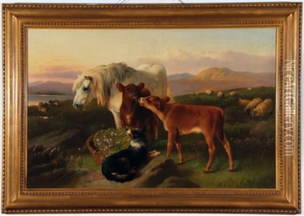 Highland Scene With White Pony, Calves And Collie Dog Oil Painting - George William Horlor