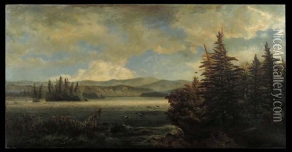 Lake Landscape W/ Geese Oil Painting - Alexander Ferdinand Wust