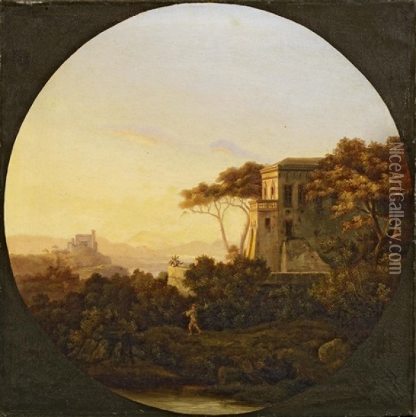 Blick Von Einer Anhohe Auf Ein Flustal In Der Abendsonne (+ Blick Auf Ein Castell Oberhalb Eines Flustals In Der Abendsonne; 2 Works) Oil Painting - August Christian Geist