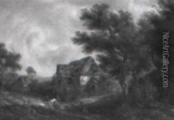 A Wooded Landscape With A Drover And Cattle By A Barn Oil Painting - Richard H. Hilder