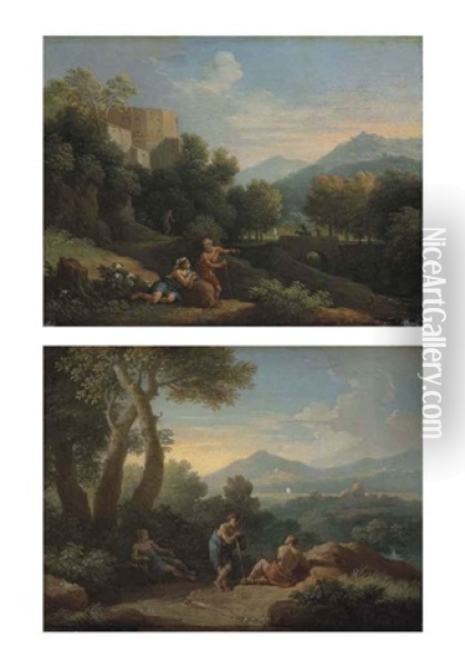 A Mountainous Italianate Landscape With Arcadian Figures Conversing On A Path, A Fortified Town Beyond And A Wooded Italianate Landscape (a Pair) Oil Painting - Jan Frans van Bloemen