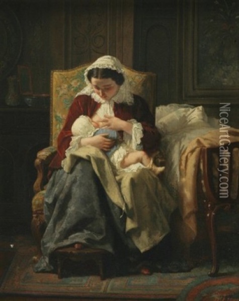 The Young Mother Oil Painting - Jean-Baptiste Jules Trayer
