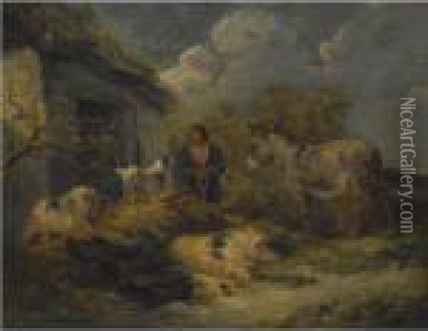 A Farm Boy With A Dog, Pigs And A Donkey Oil Painting - George Morland