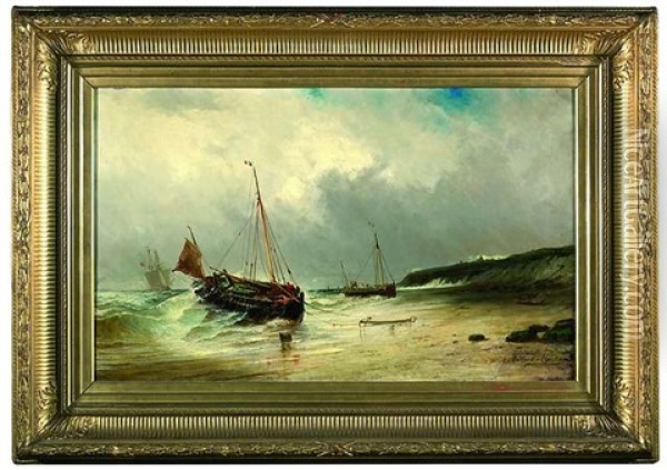 Unter Bewolktem Himmel Und Aus Sturmischer See Landen Fischerboote Am Strand Oil Painting - Paul Charles Emmanuel Gallard-Lepinay