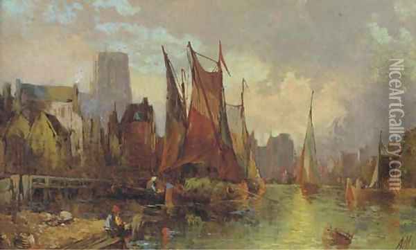 Hay barges in a continental port at dusk Oil Painting - Alfred Montague