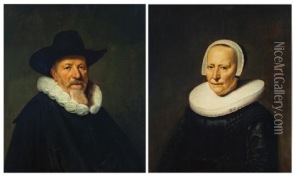 Portrait Of A Bearded Gentleman, Possibly A Member Of The Valckenier Family, Bust-length, Wearing A Hat; Portrait Of His Wife, Bust-length, Wearing An Embroidered Black Dress (pair) Oil Painting - Dirck Dircksz van Santvoort