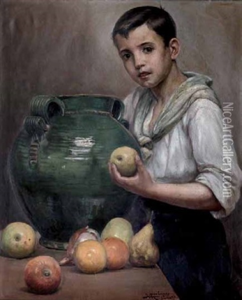 Nino Con Cantaro Y Frutas Oil Painting - Jose Rico y Cejudo