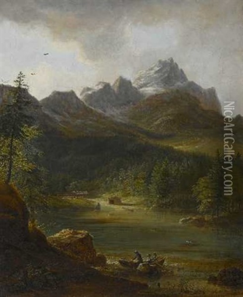 Der Eibsee Mit Zugspitze Oil Painting - Johann Jakob Dorner the Younger