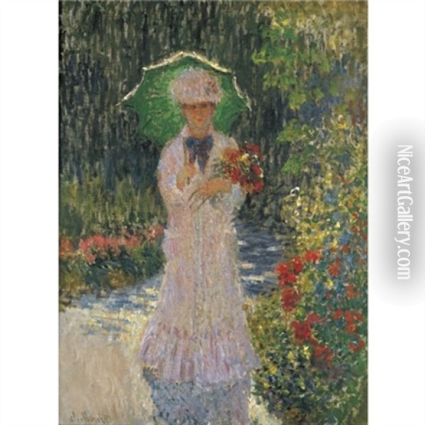 Camille A L'ombrelle Verte Oil Painting - Claude Monet