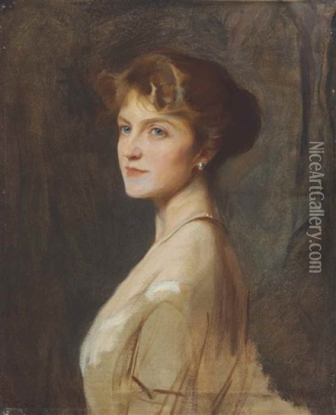 Portrait Of The Hon. Ivy Gordon-lennox, Later Duchess Of Portland, In Profile To The Left, Bust-length Oil Painting - Philip Alexius De Laszlo