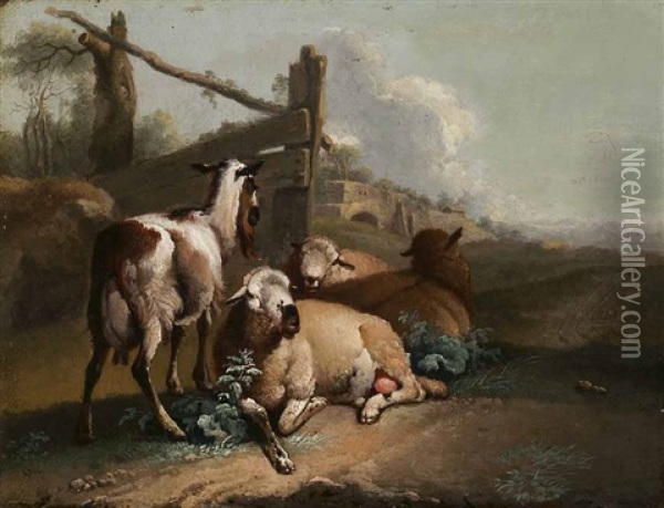 Drei Liegende Lammer Und Eine Stehende Ziege In Weiter Campagnalandschaft Oil Painting - Johann Heinrich Roos