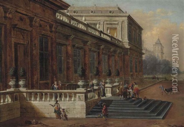 A Capriccio Of A Palace Terrace, With The Return Of The Prodigal Son Oil Painting - Jacobus Balthasar Peeters