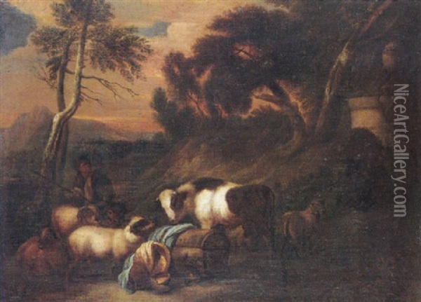 A Wooded Landscape With A Drover And His Animals Oil Painting - Giovanni Benedetto Castiglione