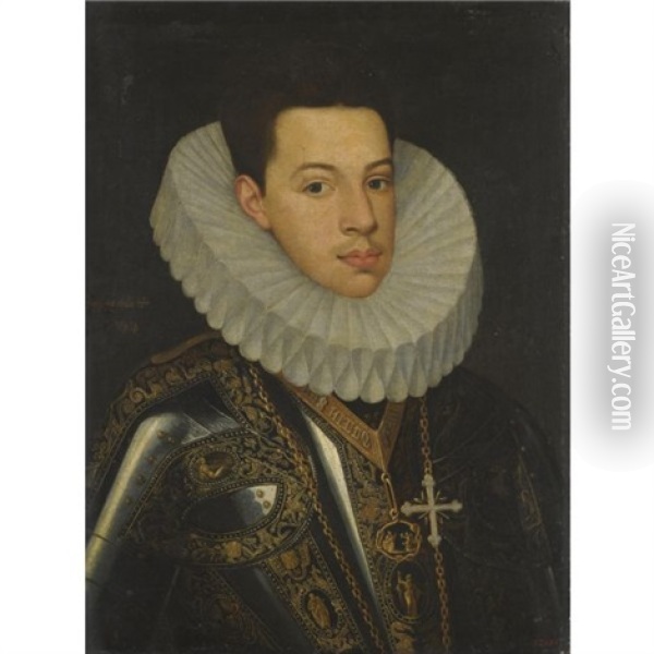 Portrait Of Prince Felipe Emmanuele Of Savoy, Wearing The Badges Of The Orders Of The Annunziata And St. Mauricius And Lazarus Oil Painting - Juan Pantoja de la Cruz