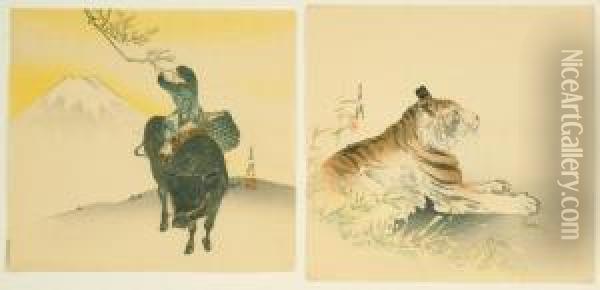 Depicting A Tiger And A Boy On A Water Buffalo. Oil Painting - Ogata Gekko