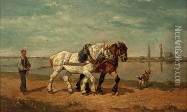 Bauer Mit Pferdegespann Am Flussufer Oil Painting - Willem Carel Nakken