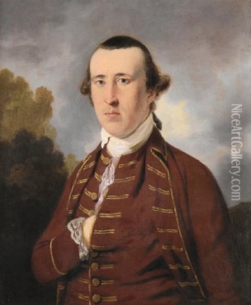 Portrait Of A Gentlemanin A Rust Coat And Waistcoat, With Gold Frogging Oil Painting - Tilly Kettle