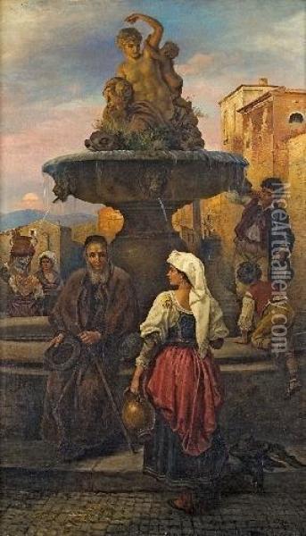 Junge Frau Und Bettler An Einem Romischen Brunnen Oil Painting - Joseph Fay