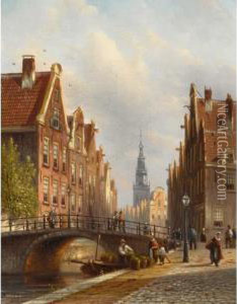 A View Of A Canal, Amsterdam Oil Painting - Johannes Franciscus Spohler