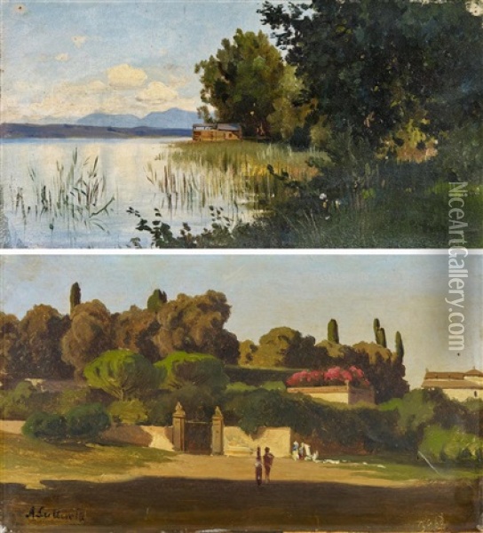 Am Chiemsee. (+  Italienischer Park, Oil On Paper; 2 Works) Oil Painting - Ascan Lutteroth