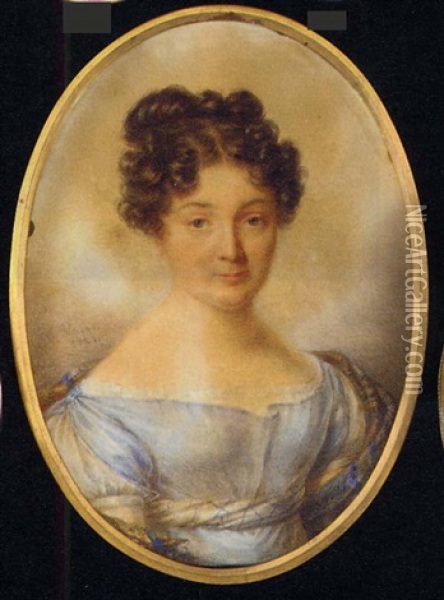 A Young Lady In A Blue Dress With Underslip, Wearing A Striped Stole Over Her Left Arm, Her Dair Dressed In Curls Oil Painting - Candide Blaize