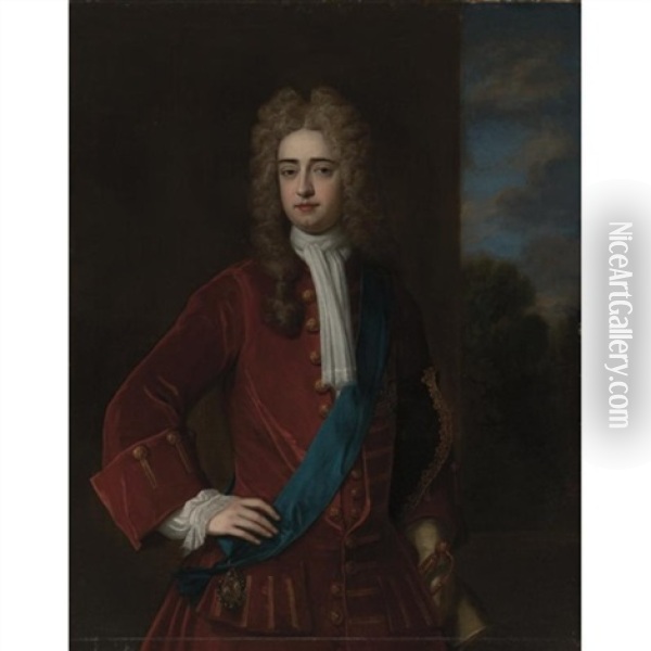 Portrait Of A Gentleman Wearing A Red Jacket With A Blue Sash Oil Painting - Michael Dahl