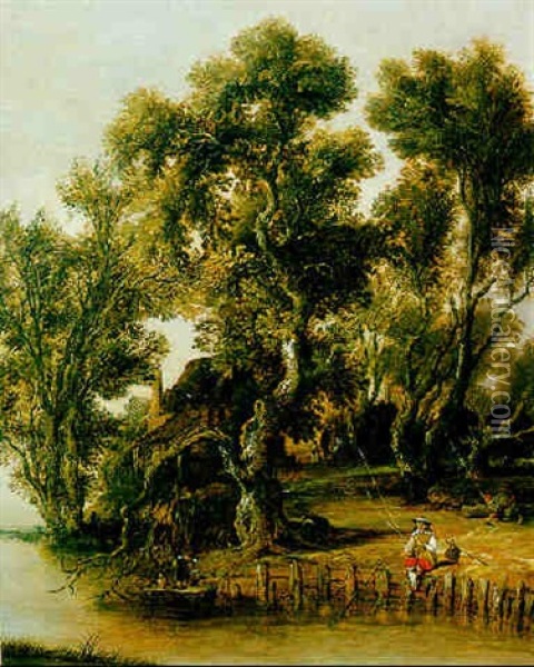 Flussufer Mit Gehoeft Und Einem Angler Oil Painting - Aert van der Neer