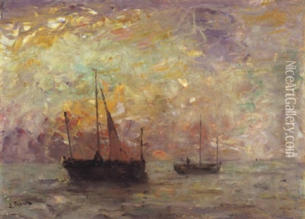 Marine Bij Zonsondergang Oil Painting - Lucien Frank