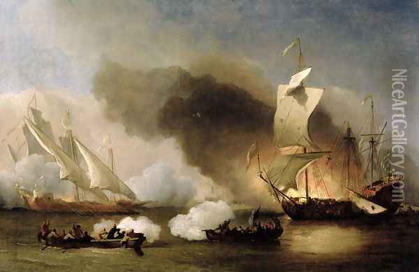 An Action off the Barbary Coast with Galleys and English Ships, c.1695 Oil Painting - Willem van de Velde the Younger