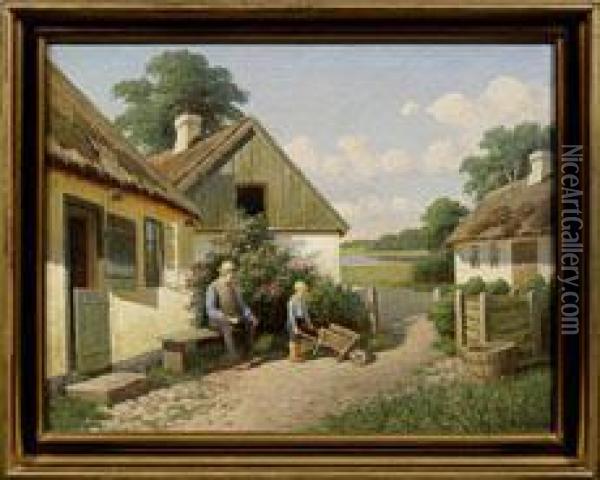 Danische Sommerlandschaft Mit Grosvater Und Enkel Vor Einem Gehoft Oil Painting - Alfred Valdemar Larsen