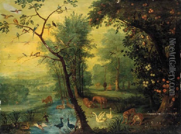 Adam And Eve In The Garden Of Eden Oil Painting - Jan Brueghel the Elder
