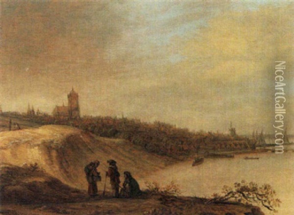 Arnhem - A View Of The Grote Kerk And The River Rhine Oil Painting - Cornelis Simonsz van der Schalcke