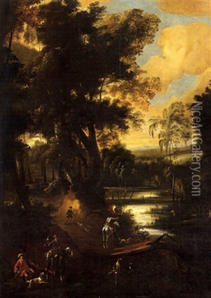 Vornehme Jagdegesellschaft Auf Waldweg, Im Hintergrund Weiher Oil Painting - Jacques d' Arthois