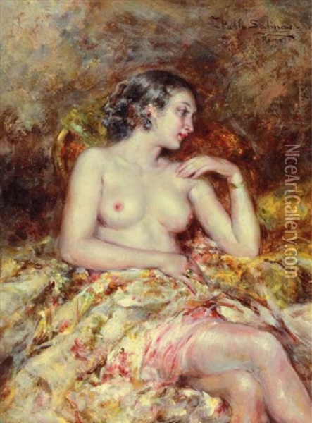 A Semi-nude In An Interior Oil Painting - Juan Pablo Salinas