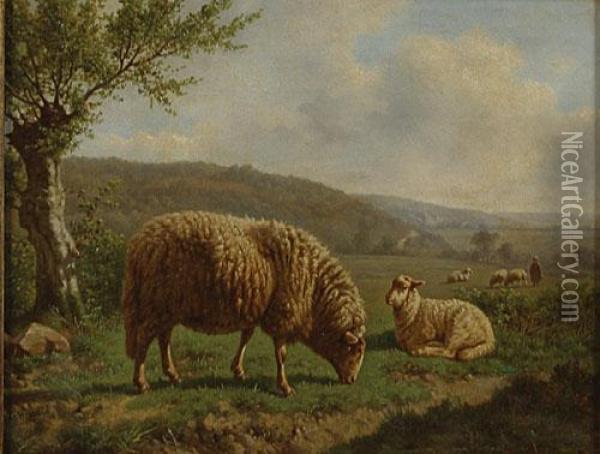 Schapen En Herder In Een Landschap. Oil Painting - George Henrard