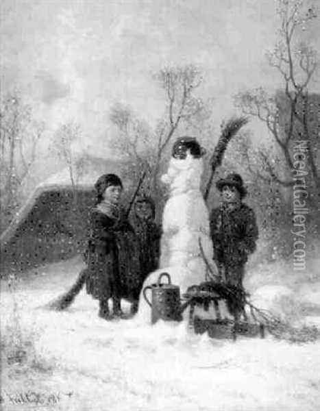 Drei Bauernkinder Bewundern Ihren Schneemann Oil Painting - Bernhard Froehlich