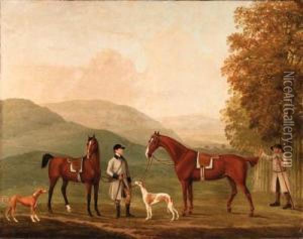 The Hunting Conversation, Two Hunters Held By A Huntsman With Acouple Of Hounds In A Landscape Oil Painting - William Shaw