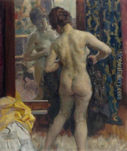 Weiblicher Akt Vor Spiegel. 1919. Oil Painting - Paul Paede