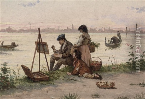 An Artist On The Shore, Venice In The Distance Oil Painting - Antonio Ermolao Paoletti
