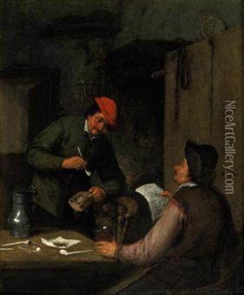 Two Peasants Smoking, Drinking And Reading In An Interior Oil Painting - Adriaen Jansz. Van Ostade