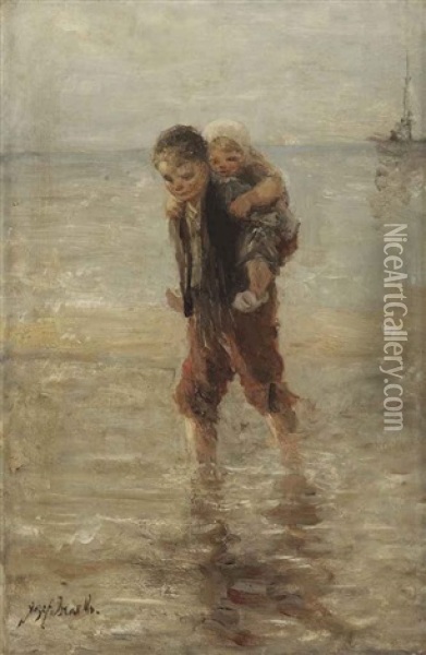 In The Surf Oil Painting - Jozef Israels