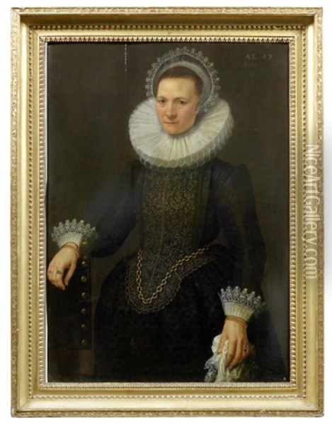 Portrait Of A Lady, Half-length, In A Black Embroidered Dress Oil Painting - Cornelis van der Voort