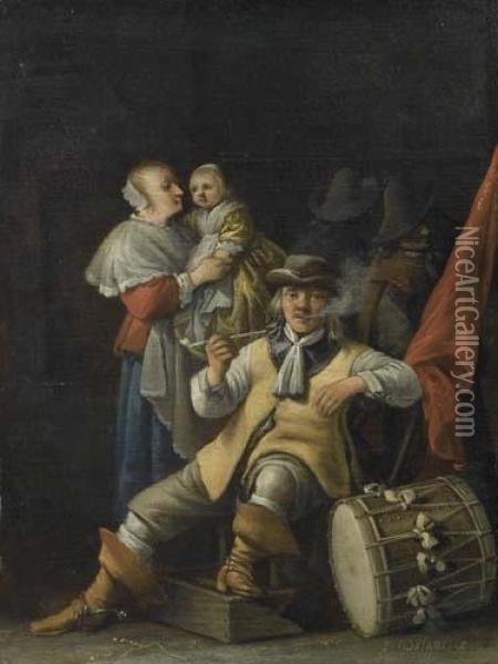 Soldier Smoking Pipe And Woman With Child Oil Painting - Antonie Palamedesz