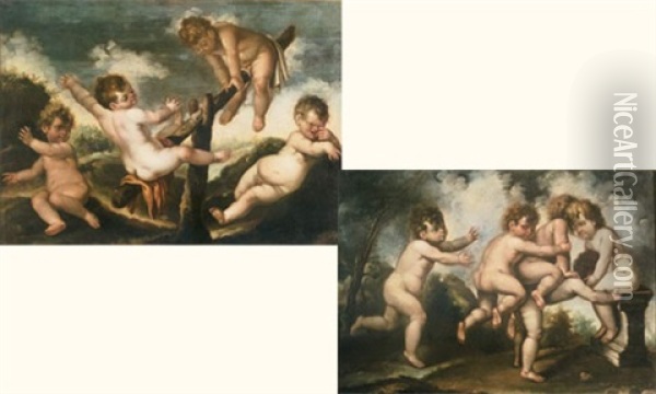 Putti Jouant A La Balancoire (+ Putti Jouant A Saute-mouton; Pair) Oil Painting - Federico Cervelli